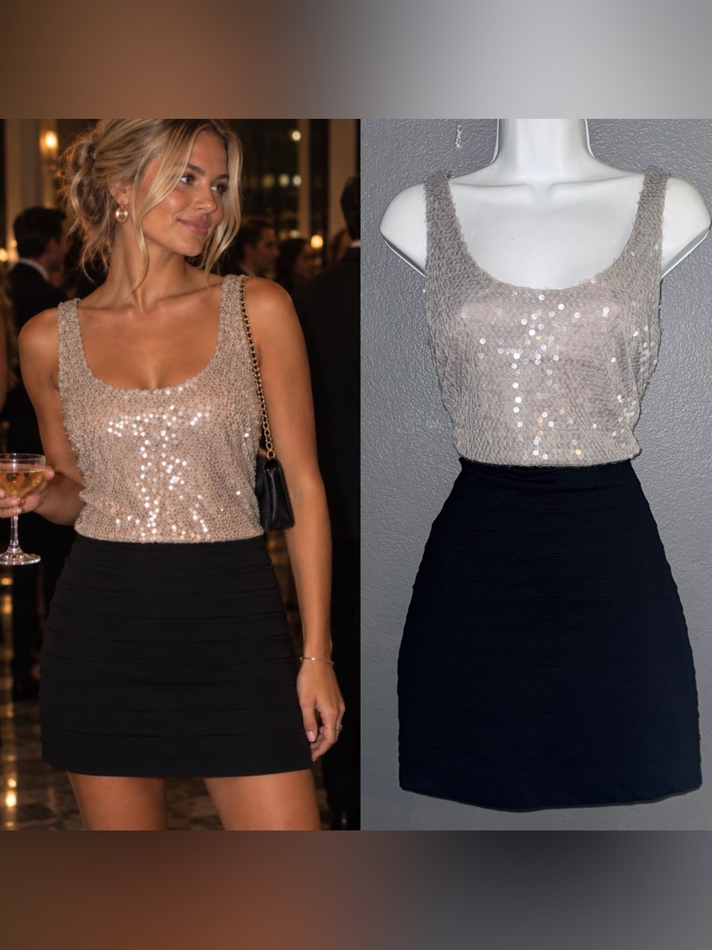 Express New w $88 Tags Women's Silver Sequin Little Black Mini Dress Small